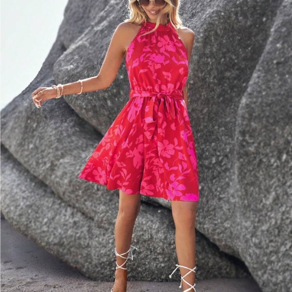 Boho Floral Print Halter Belted Dress Hot Pink - Picture 4 of 6
